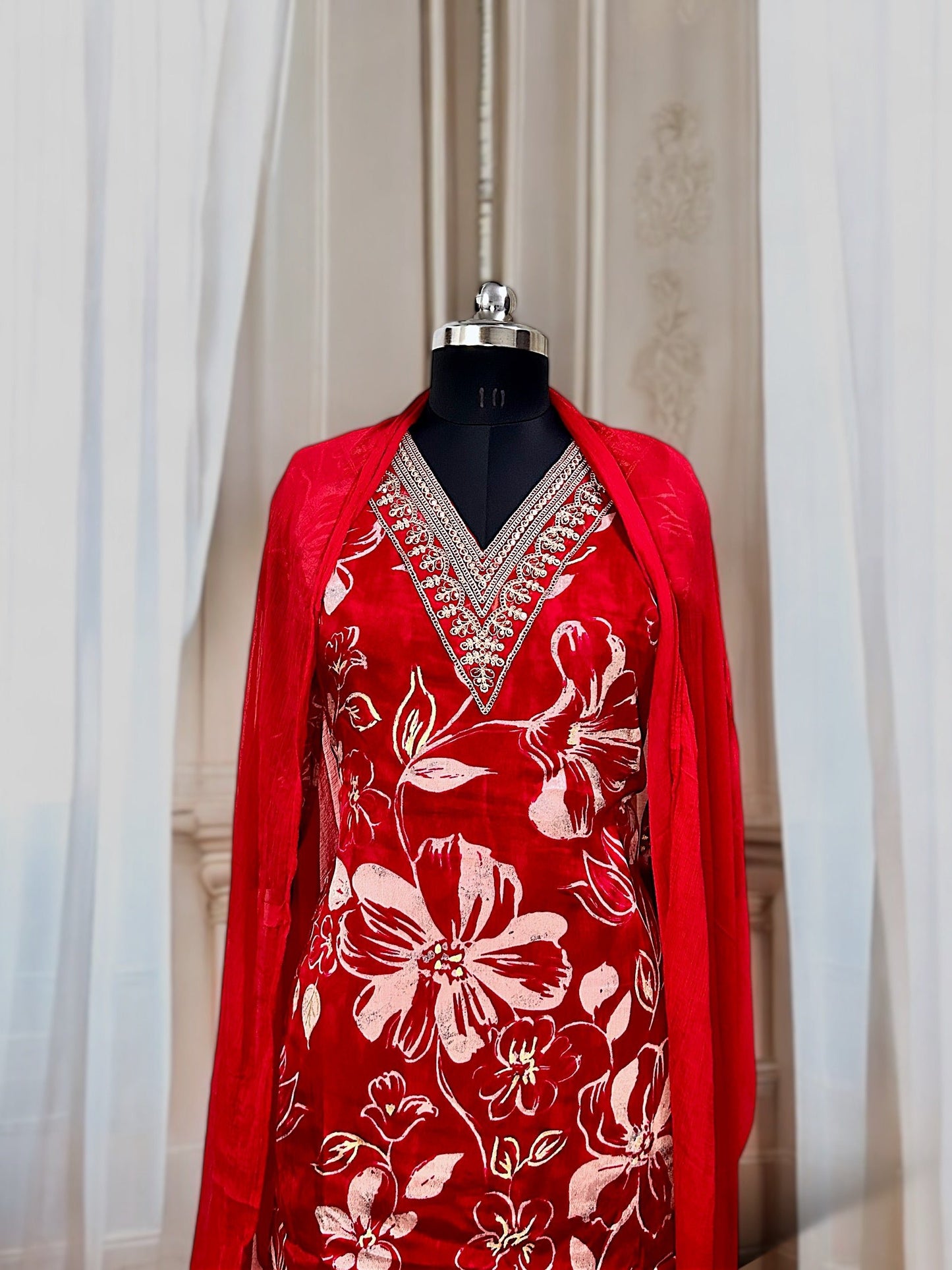 Red Floral Embroidered Pure Chinon Kurta Set - House of Mirae